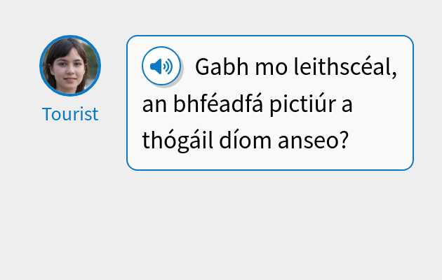 Gabh mo leithscéal, an bhféadfá pictiúr a thógáil díom anseo?